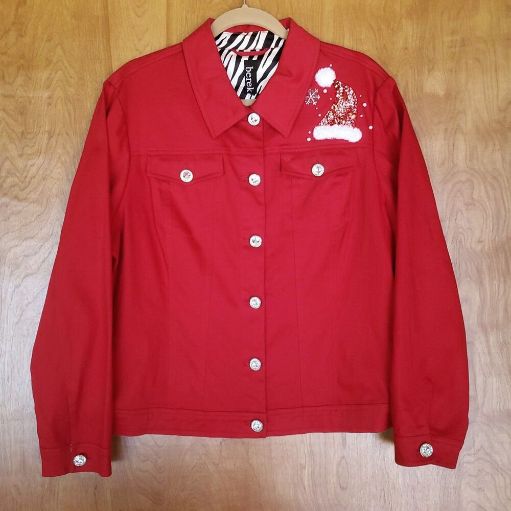 Berek Christmas Jacket Size XXL 2XL Red Stretch Denim Santa Sequin Embellished